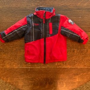 Boys 18M snow jacket.Durable construction. Bright red with black/white plaid